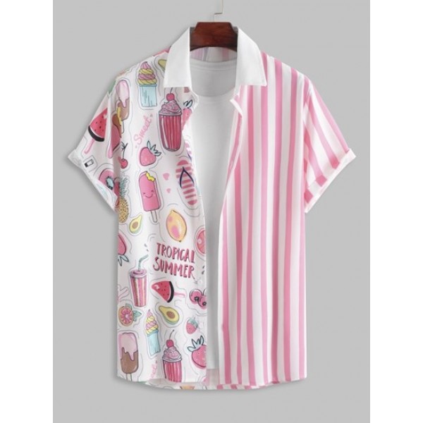 Striped And Cartoon Ice Cream Graphic Pattern Short Sleeves Shirt With Basic Shorts Set