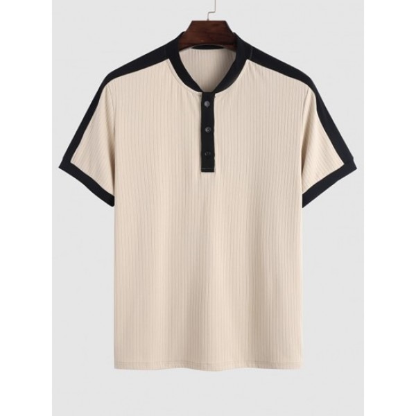 Men's Ribbed Color Spliced Quarter Button Short Sleeves Pullover T-shirt And Drawstring Pocket Plain Corduroy Textured Shorts Set