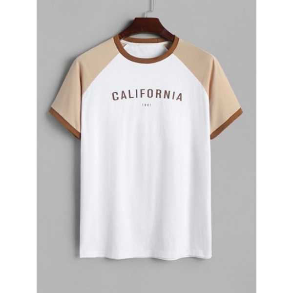 Men's CALIFORNIA Letter Raglan Short Sleeves Colorblock 100% Cotton T Shirt With Solid Color Basic Shorts Set