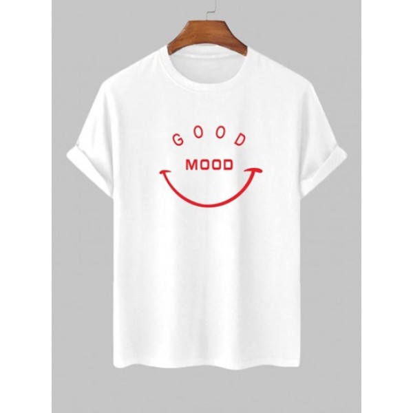 Men's GOOD MOOD Pattern Cotton Short Sleeves Crew Neck T-shirt And Solid Color Basic Drawstring Bermuda Shorts Casual Set