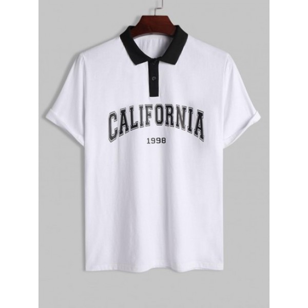 Men's Casual CALIFORNIA Pattern Polo Collared Quarter Button Short Sleeves T Shirt Drawstring Basic Solid Color Sweat Shorts Two Piece Set