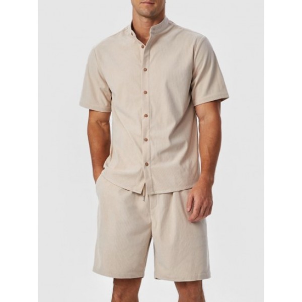 Plain Color Short Sleeves Corduroy Shirt And Shorts Two Pieces Set