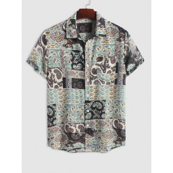 Men's Vintage Style Ethnic Paisley Printed Short Sleeves Shirt And Solid Color Basic Casual Bermuda Shorts Set