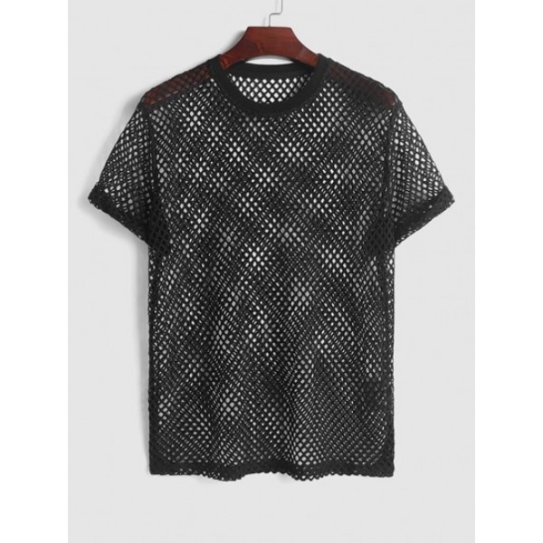 Men's Sheer Mesh Openwork See Through Short Sleeves Knitted T Shirt With Lined Shorts Sexy Party Club Two Piece Set