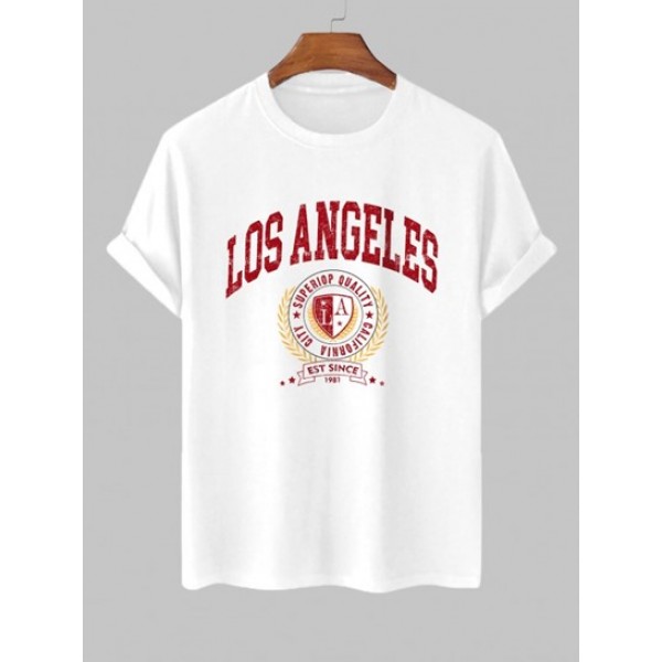 LOS ANGELES Print Blokecore Short Sleeve T Shirt And Solid Color Basic Casual Shorts Set