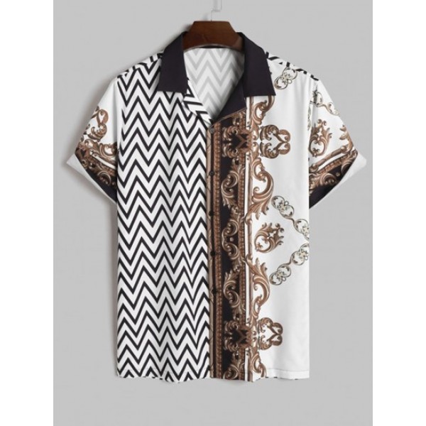 Men's Baroque Zigzag Print Colorblock Lapel Collar Short Sleeves Button Front Shirt And Solid Color Basic Casual Shorts Set