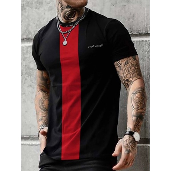 Men's Colorblock West Coast Pattern Short Sleeves Crew Neck T-shirt And Solid Color Basic Casual Bermuda Shorts Set