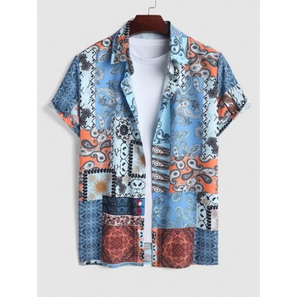 Men's Ethnic Printed Flowers Paisley Patternblock Pattern Short Sleeves Button Front Shirt With Solid Color Basic Casual Shorts Set