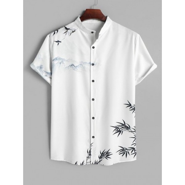 Men's Mix And Match Two Piece Set Oriental Chinese Bamboo Mountain Ink Painting Pattern Stand Collar Short Sleeves Shirt With Solid Color Basic Shorts Set