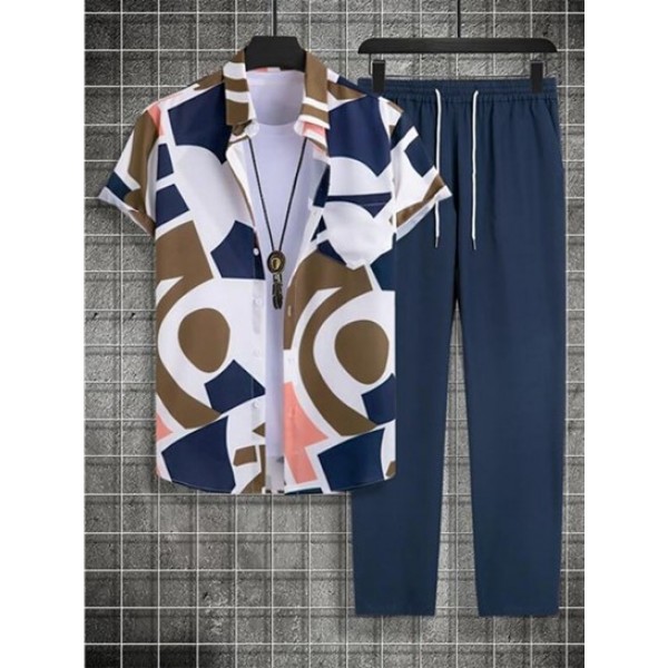 Men's Geometric Pattern Button Front Short Sleeves Shirt And Solid Color Drawstring Straight Leg Pants