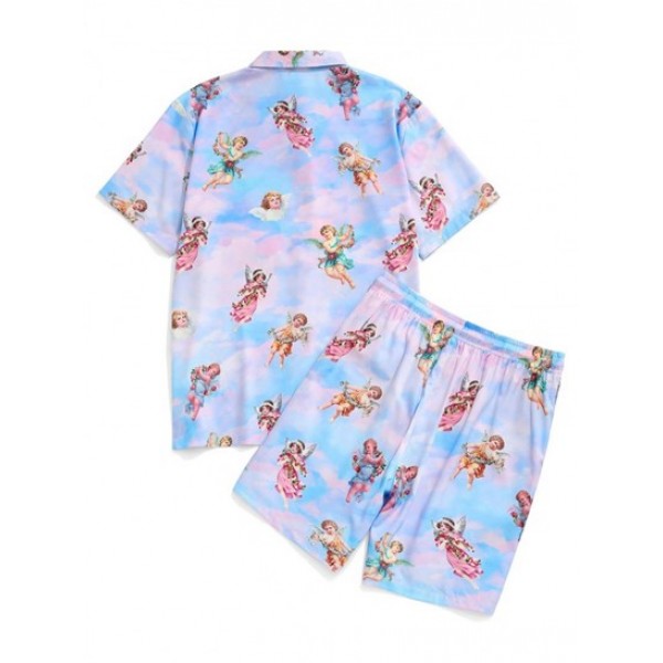 Tie Dye Floral Angel Print Shirt And Shorts Set