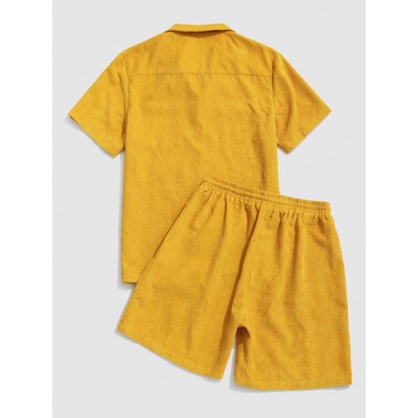 Button Up Pocket Corduroy Shirt And Shorts Set