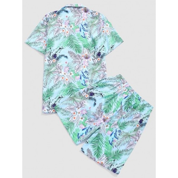 Flower Leaf Tropical Print Vacation Shirt And Shorts Two Pieces Set