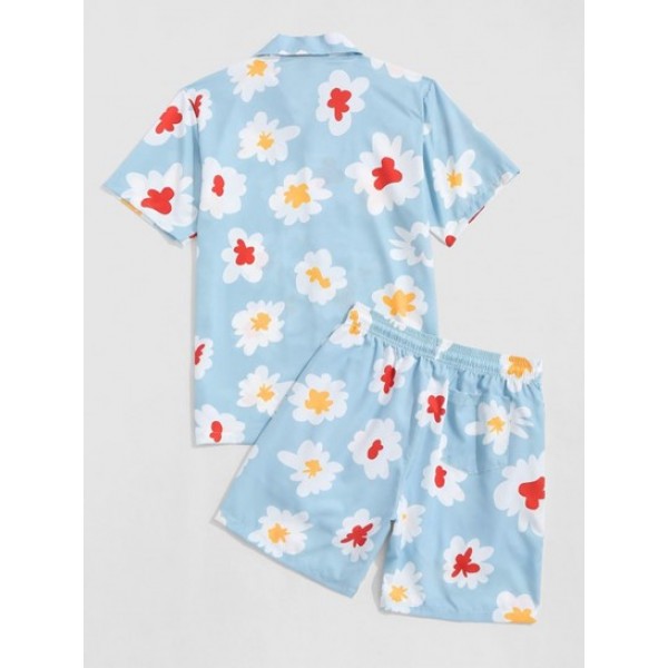 Colorful Flower Shirt And Drawstring Shorts Set