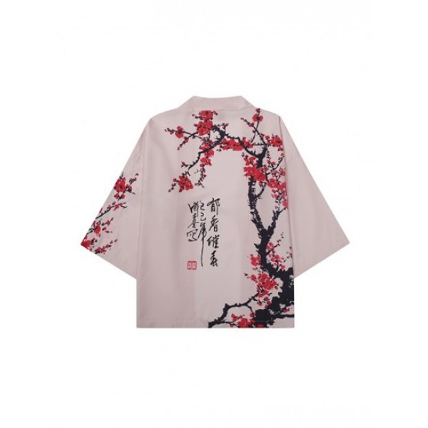 Plum Blossom Print Kimono And Shorts Set