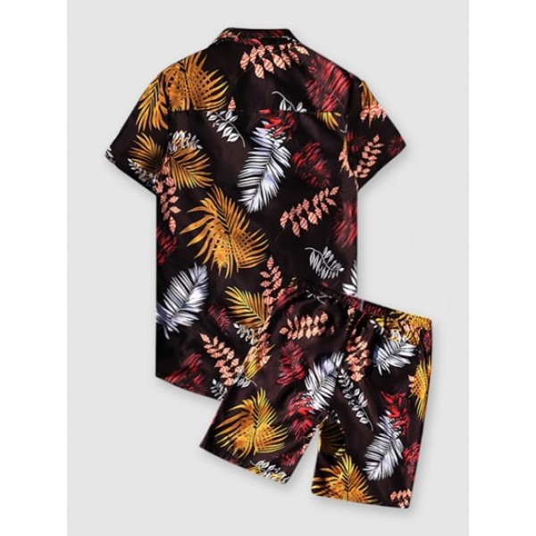 Tropical Leaf Print Lapel Shirt With Drawstring Shorts Vacation Two Piece Set