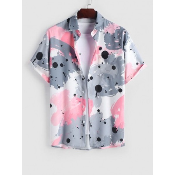 Short Sleeves Pocket Design Colorblock Splash Splatter Vacation Shirt And Basic Casual Shorts Set