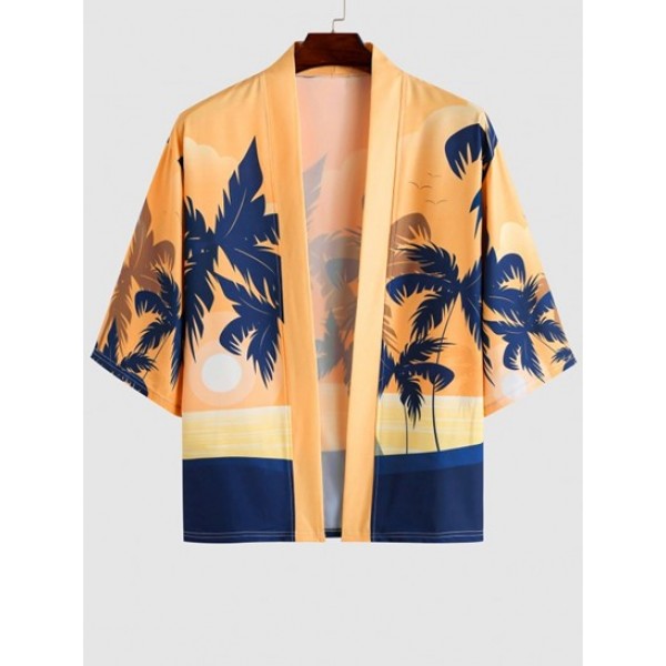 Tropical Coconut Tree Sunset Pattern Hawaii Kimono And Seascape Print Vacation Beach Shorts Two Pieces Set