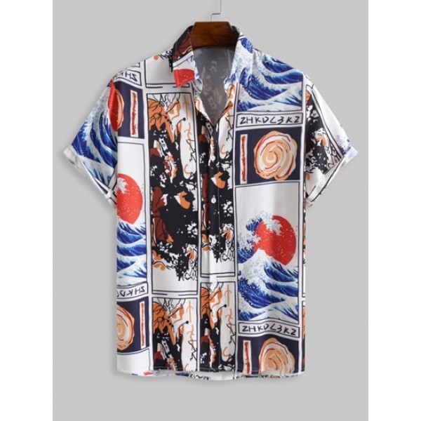 Abstract Japanese Wave Sun Pattern Short Sleeves Shirt With Basic Casual Shorts Set