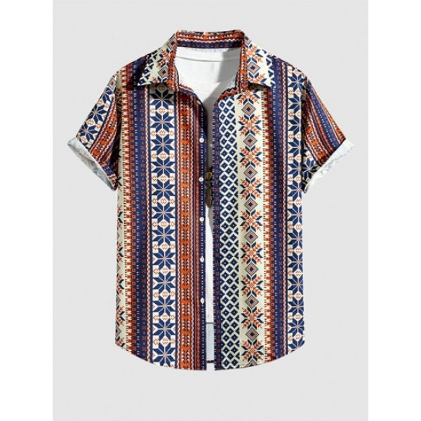 Retro Ethnic Geometric Pattern Short Sleeves Shirt With Basic Casual Shorts Set