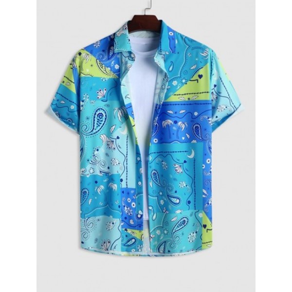 Men's Matching Paisley Coconut Tree Pattern Vacation Short Sleeves Shirt And Drawstring Board Shorts Set