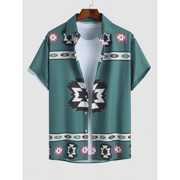 Men's Ethnic Tribal Aztec Printed Short Sleeves Shirt And Label Design Drawstring Shorts Set