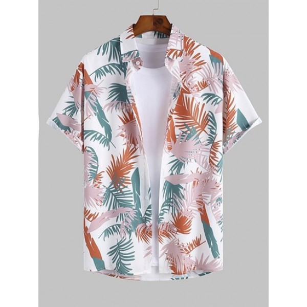 Men's Tropical Palm Printed Vacation Hawaiian Short Sleeves Shirt With Label Design Drawstring Shorts Set