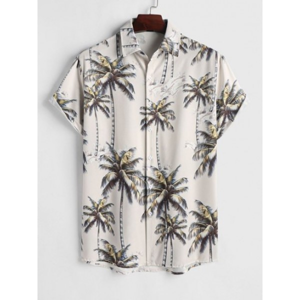 Men's Summer Outfits Coconut Tree Pattern Vacation Hawaiian Short Sleeves Shirt And Board Shorts Set