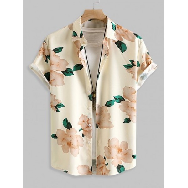 Floral Pattern Short Sleeves Vacation Shirt With Large Pocket Ribbon Design Elastic Cuff Cargo Pants Set