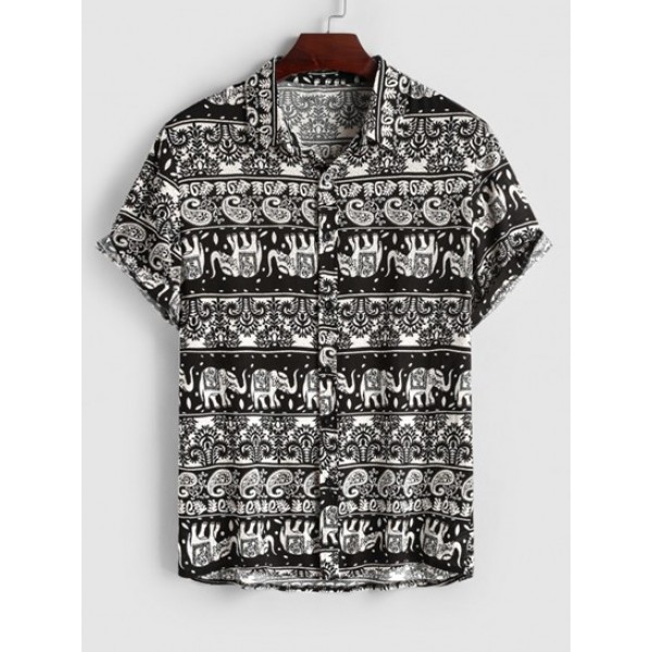 Men's Ethnic Style Elephant Paisley Pattern Short Sleeves Shirt With Basic Casual Shorts Set