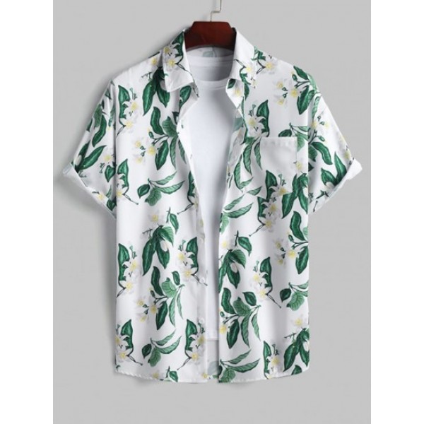 Men's Two Pieces Set Tropical Floral Plant Printed Short Sleeves Button Up Front Pocket Design Shirt And Drawstring Shorts For Vacation