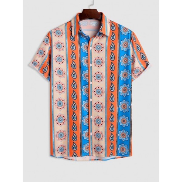 Men's Ethnic Style Paisley Printed Button Up Short Sleeves Beach Summer Vacation Shirt And Drawstring Pockets Board Shorts Set