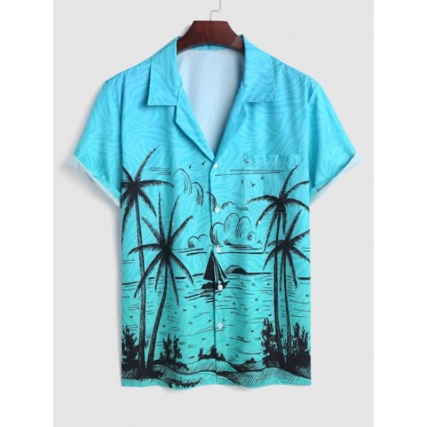 Men's Lapel Collar Palm Tropical Tree Plant Bird Landscape Print Casual Beach Summer Vacation Short Sleeves Shirt And Colorblock Casual Shorts Set