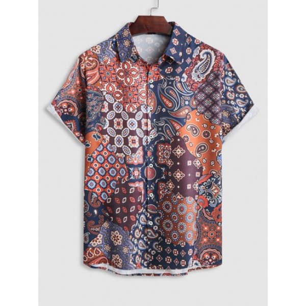 Men's Matching Co Ord Two Piece Set Beach Vacation Ethnic Paisley Floral Patchwork Print Button Up Short Sleeve Shirt With Drawstring Pocket Bermuda Shorts Set