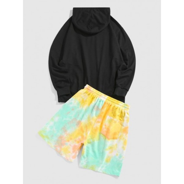 Cartoon Face Embroidered Hoodie And Tie Dye Print Shorts Set