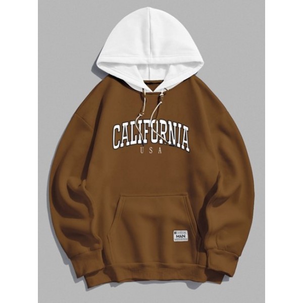 Colorblock Letter CALIFORNIA Pattern Fleece-lined Hoodie And Techwear Cargo Pants Set