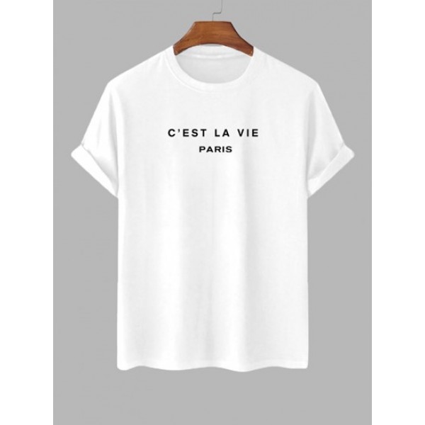 C'EST LA VIE Letter Printed Casual T-shirt And Techwear Cargo Ninth Pants Set