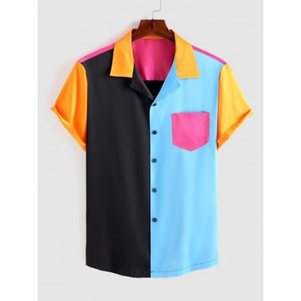 Satin Colorblock Pocket Shirt And Label Design Casual Shorts Set