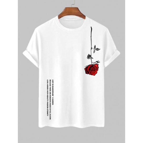 Letter Rose Graphic Printed Short Sleeve T-shirt With LOS ANGELES Slogan Buckle Tape Design Cargo Pants Set