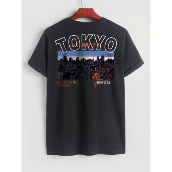 TOKYO City Pattern Crew Neck T-shirt With Pocket California Print Drawstring Shorts Set