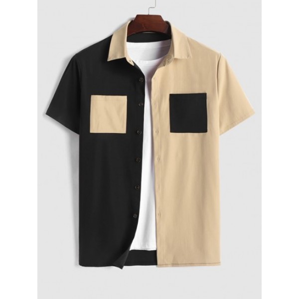 Two Tone Color Colorblock Short Sleeves Shirt And Cargo Pants Set