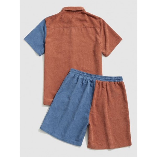 Color Block Two Tone Pocket Corduroy Shirt And Shorts Set