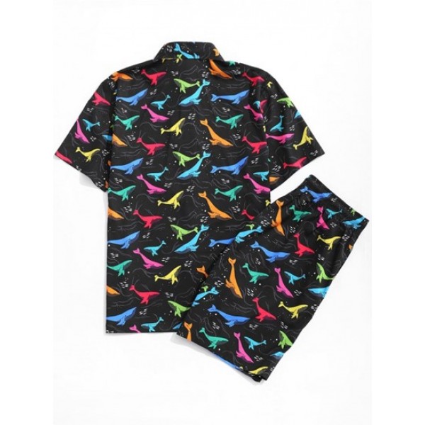 Colorful Whale Print Shirt And Shorts Set