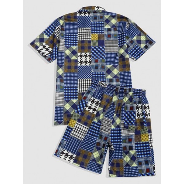 Plaid Houndstooth Patchwork Shirt And Shorts Set