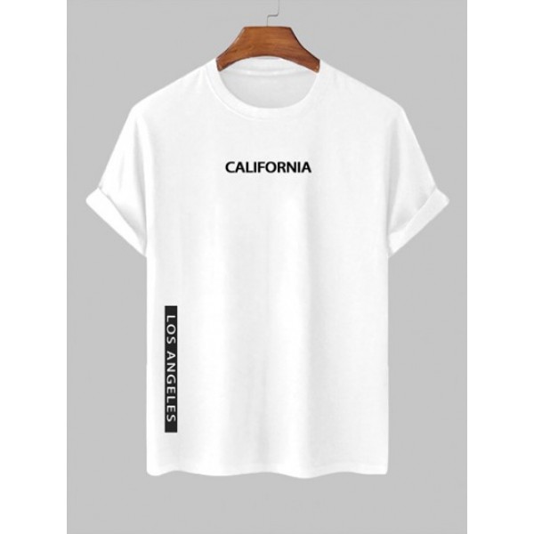 Men's Letter CALIFORNIA LOS ANGELES Printed Graphic Short Sleeves T-shirt And Label Design Drawstring Shorts Set