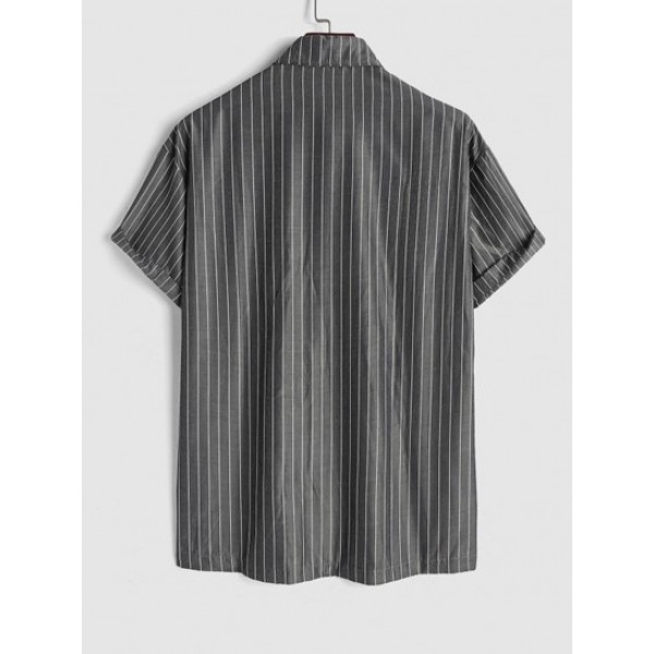 Men's Vertical Stripes Printed Flap Pocket Buckle Strap Design Drop-shoulder Sleeves Button Front Shirt And Solid Color Basic Casual Drawstring Shorts Set