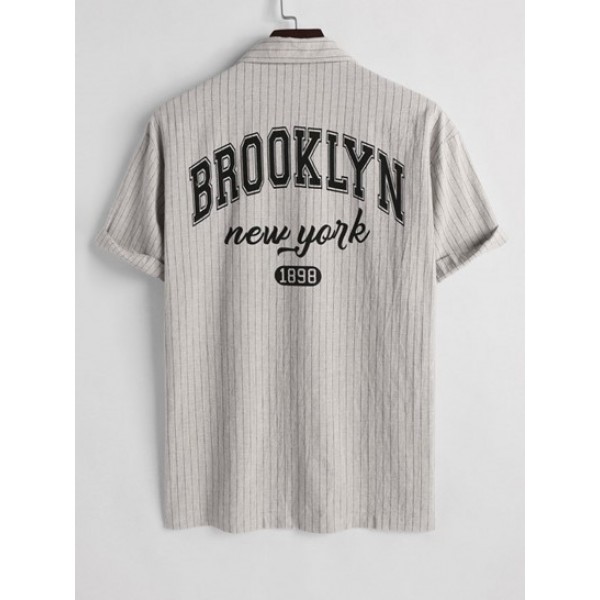 Men's Vacation Casual Cotton And Linen Vertical Striped BROOKLYN NEW YORK Letter Shirt Knee-Length Shorts Two Piece Set