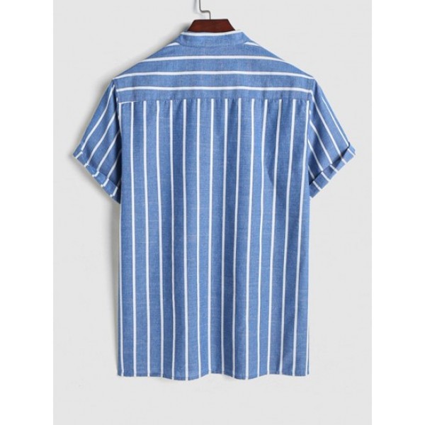 Men's Half Button Stand Collar Vertical Striped Short Sleeves Popover Shirt With Drawstring Shorts Set