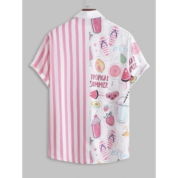 Striped And Cartoon Ice Cream Graphic Pattern Short Sleeves Shirt With Basic Shorts Set