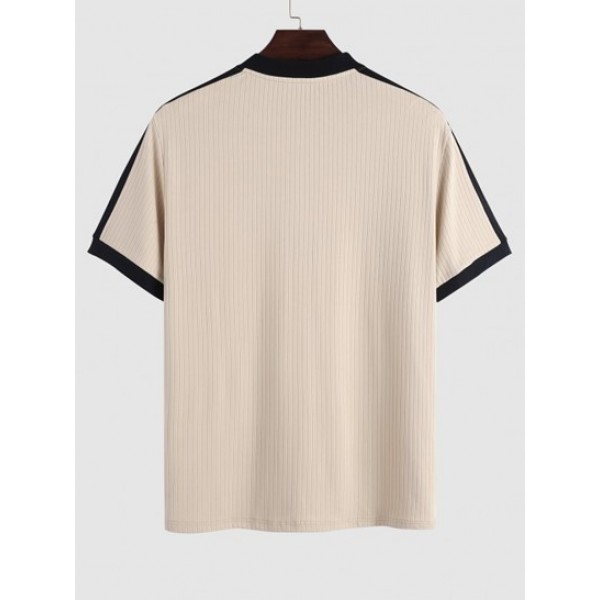 Men's Ribbed Color Spliced Quarter Button Short Sleeves Pullover T-shirt And Drawstring Pocket Plain Corduroy Textured Shorts Set